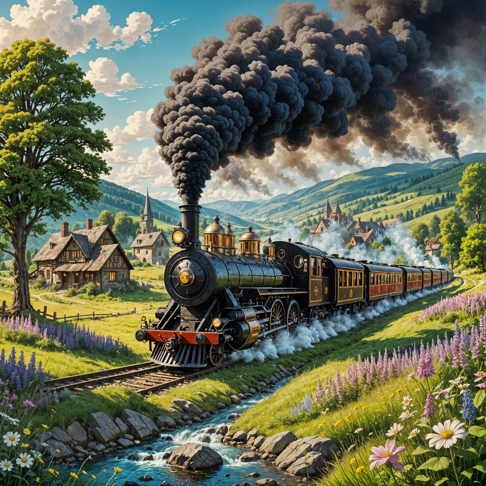 Steampunk Train Chugs Through a Whimsical Meadow