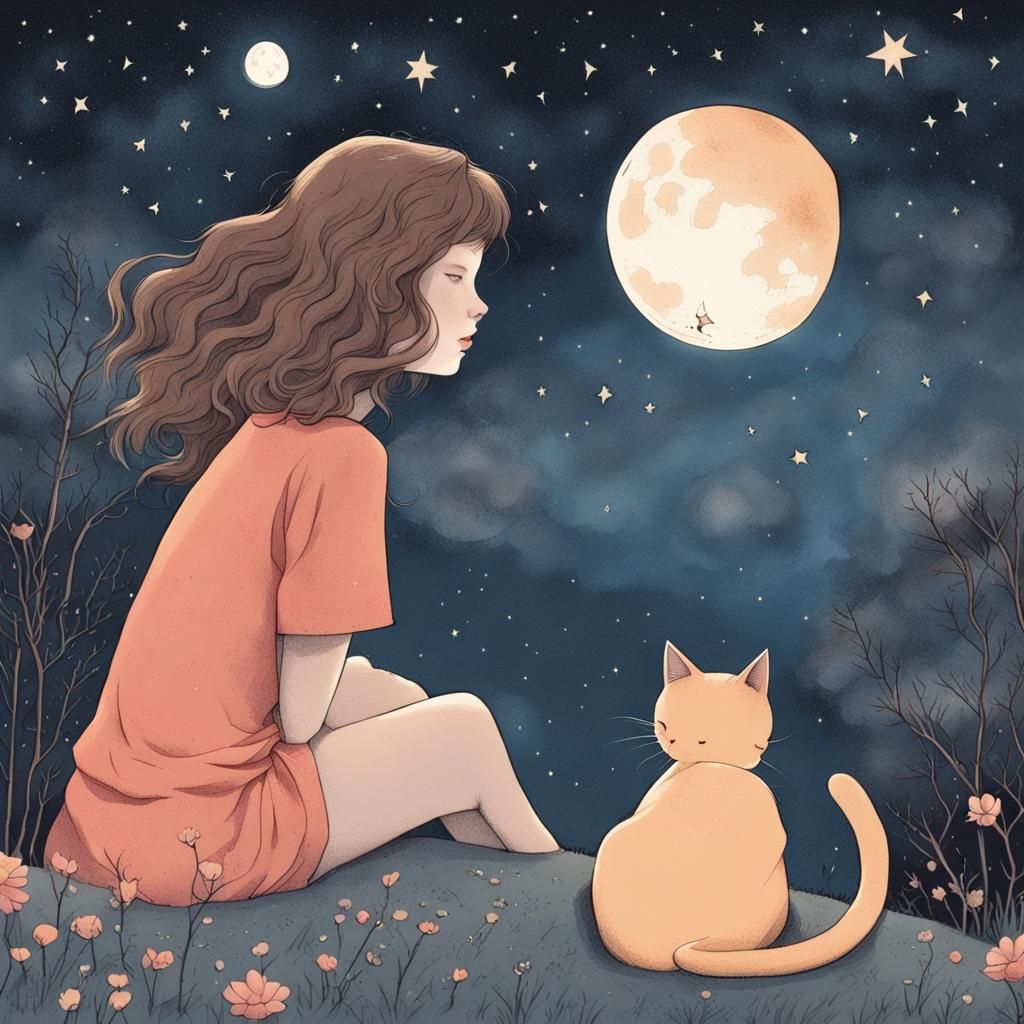 Girl and Cat Moon Gazing Illustration
