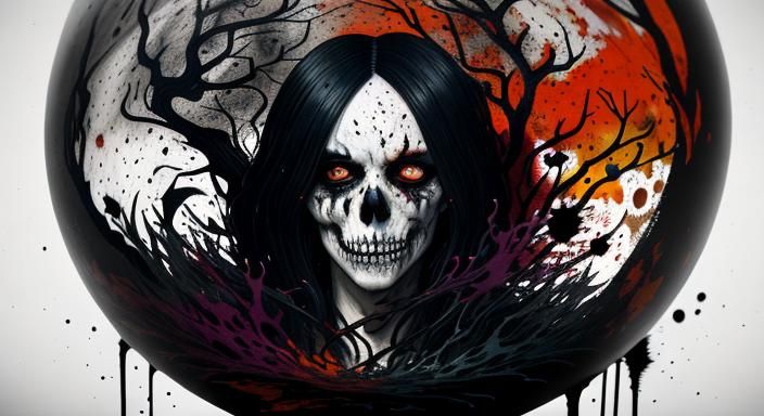 Halloween Ghoul in Glass Sphere: Ink Splatter Art