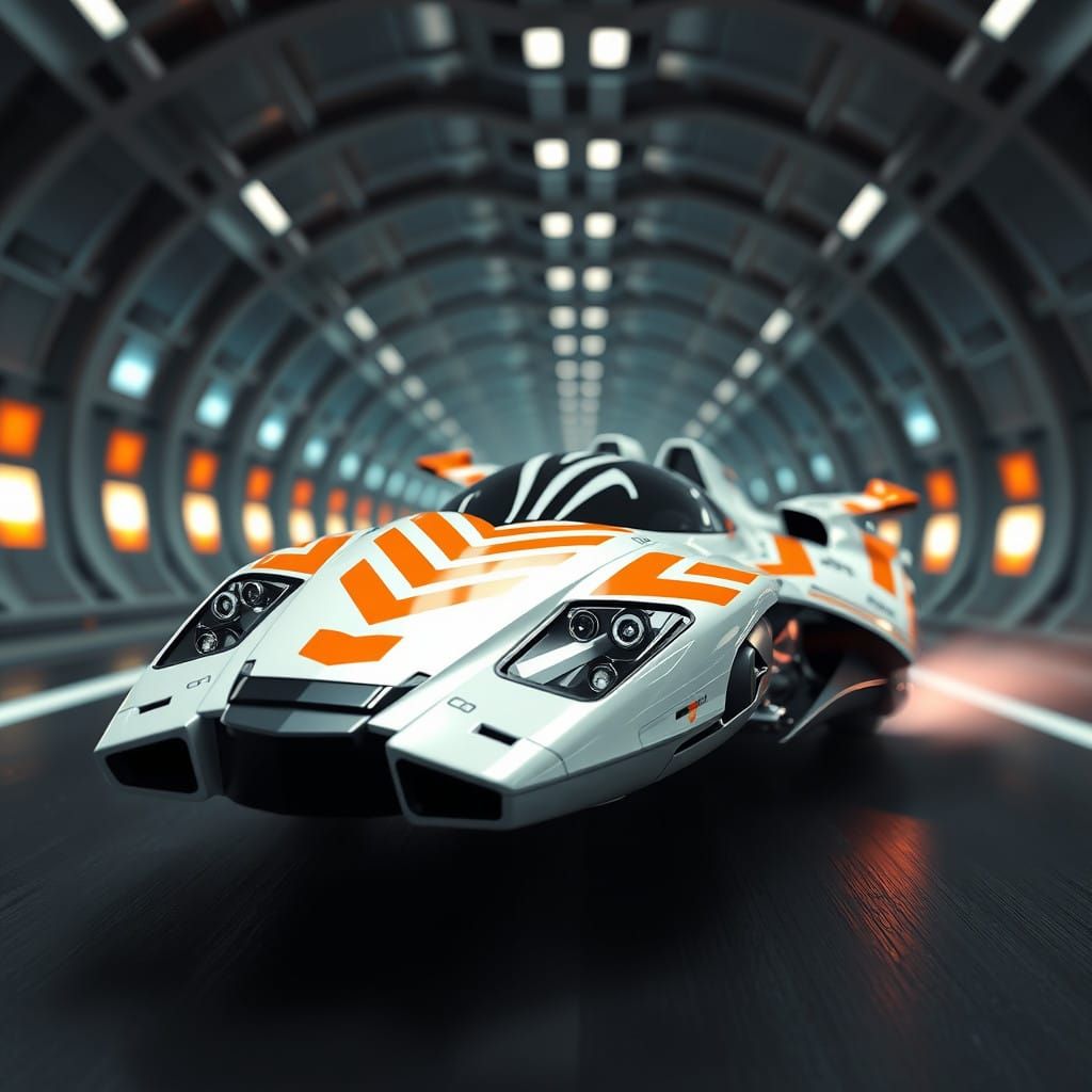 High-Tech Flying Vehicle in Futuristic City Tunnel