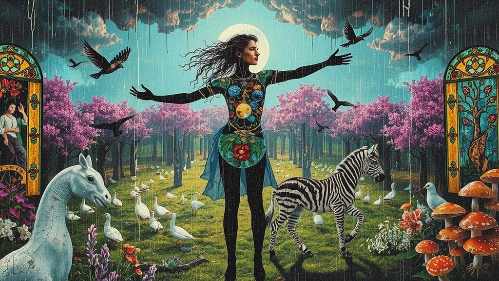 Surreal Goddess in Glitched Garden Under Stardust Moonlight