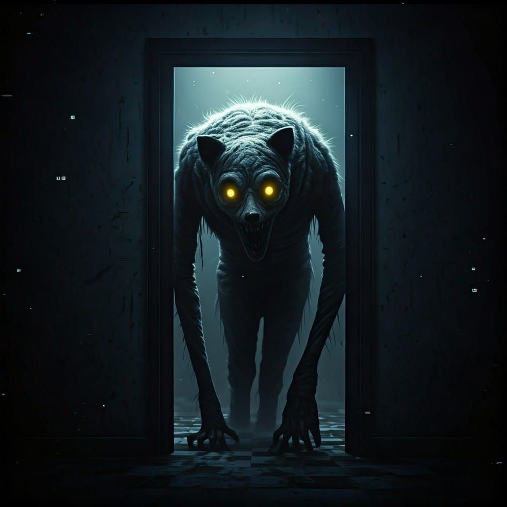 Twisted Horror Creature Lurking in Dark Doorway
