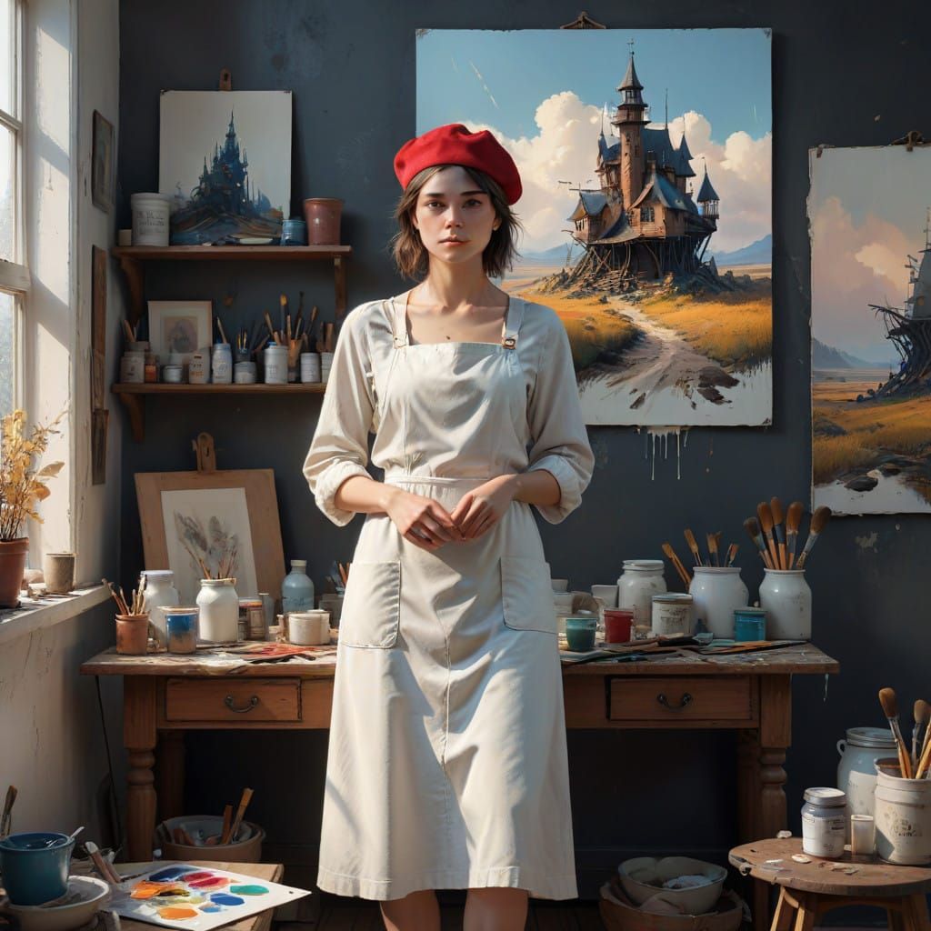 French Artist in Cozy Studio with Paints and Easel