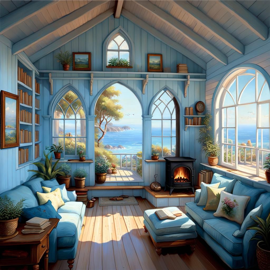 Beautiful Beach Cabin Interior with Sea View