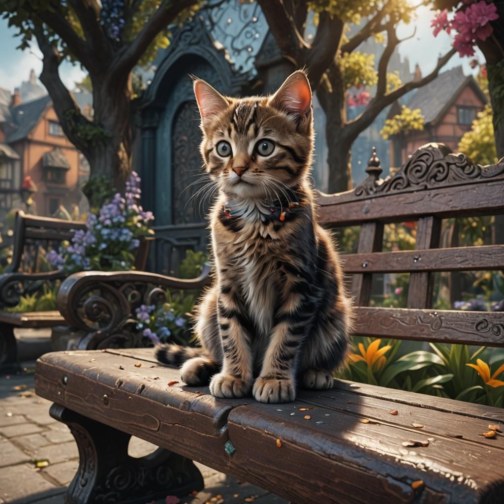 Kitten on Bench: Detailed Matte Painting
