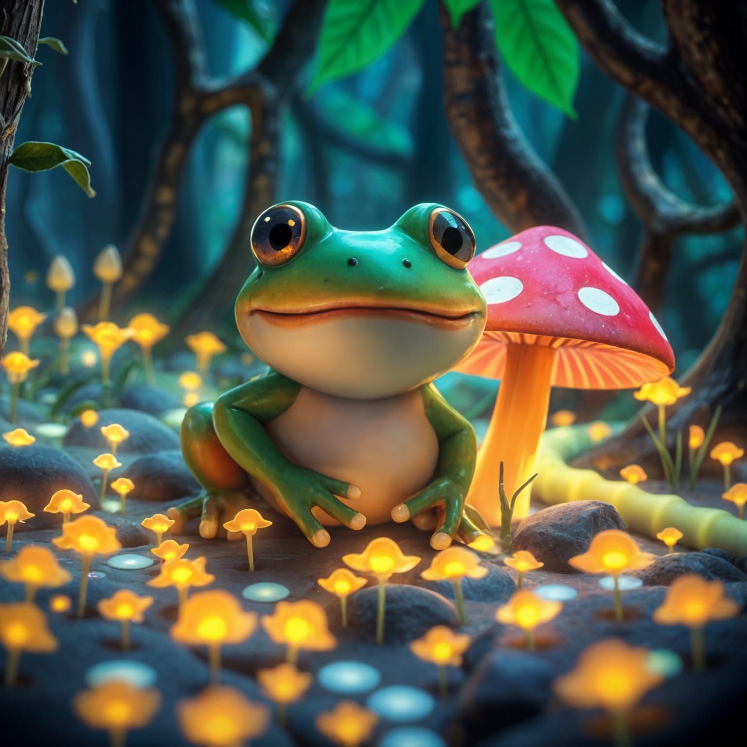 Glowing Frog in Bioluminescent Forest, 3D Render