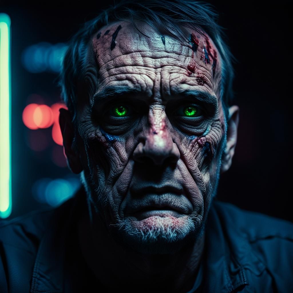 Scarred Face with Neon Reflection: Cinematic Film Still