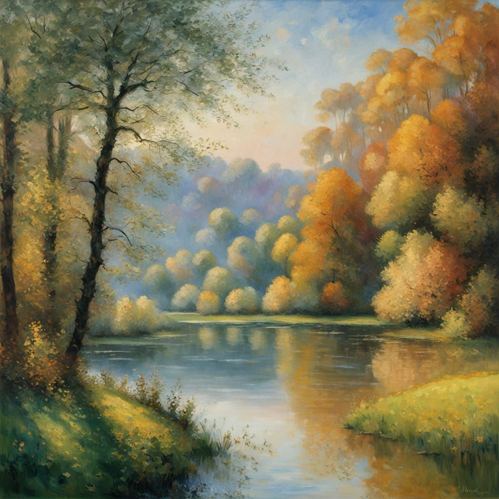Idyllic Dawn Lake Scene in Impressionist Style