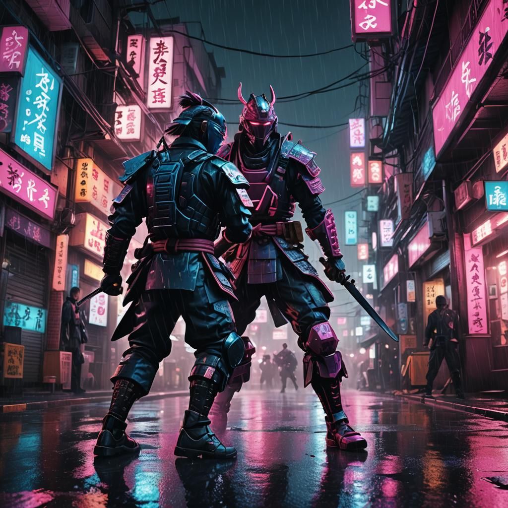 Samurai Fight in Neon Cyberpunk Alleyway