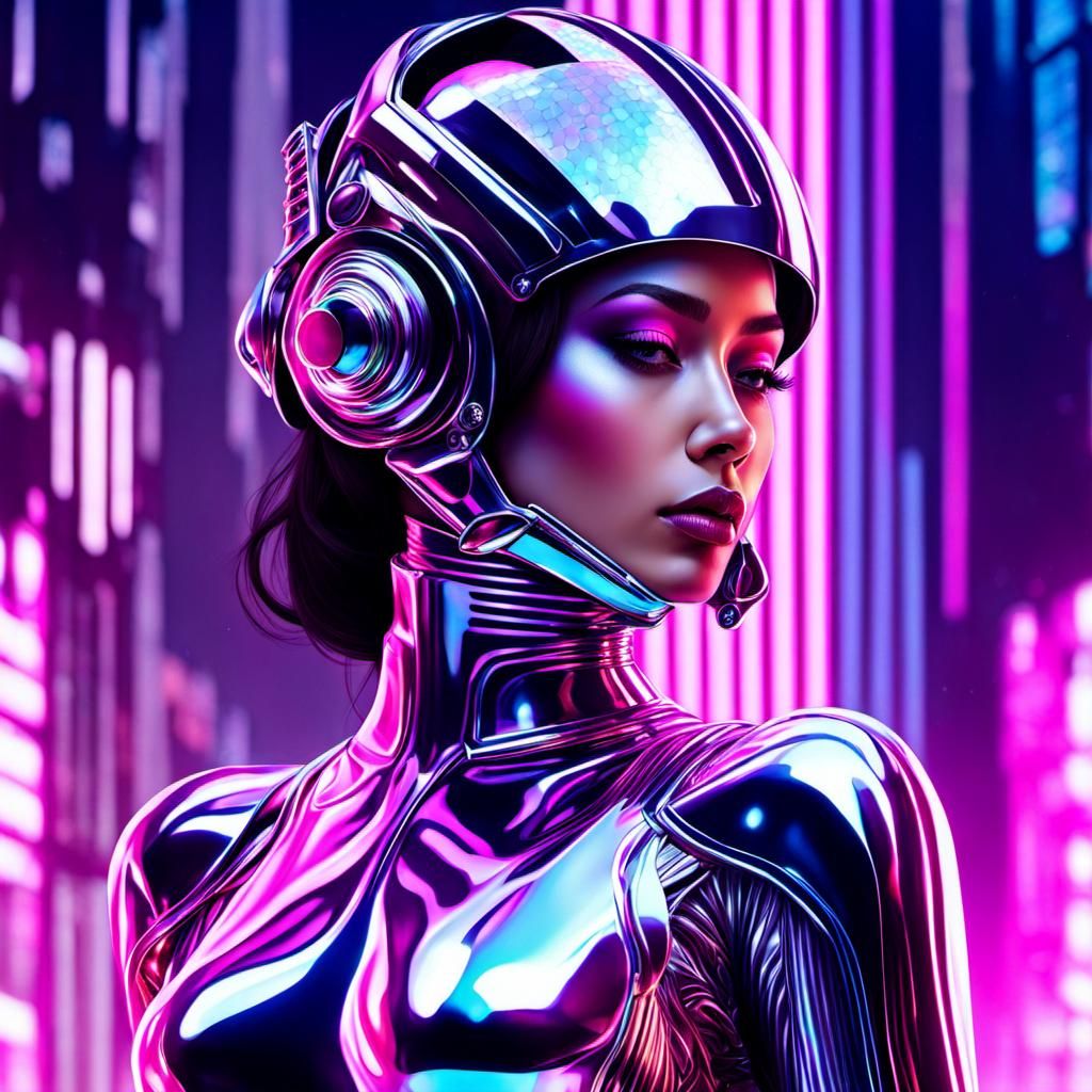 Iridescent Cyborg Woman in Futuristic Sorayama Style