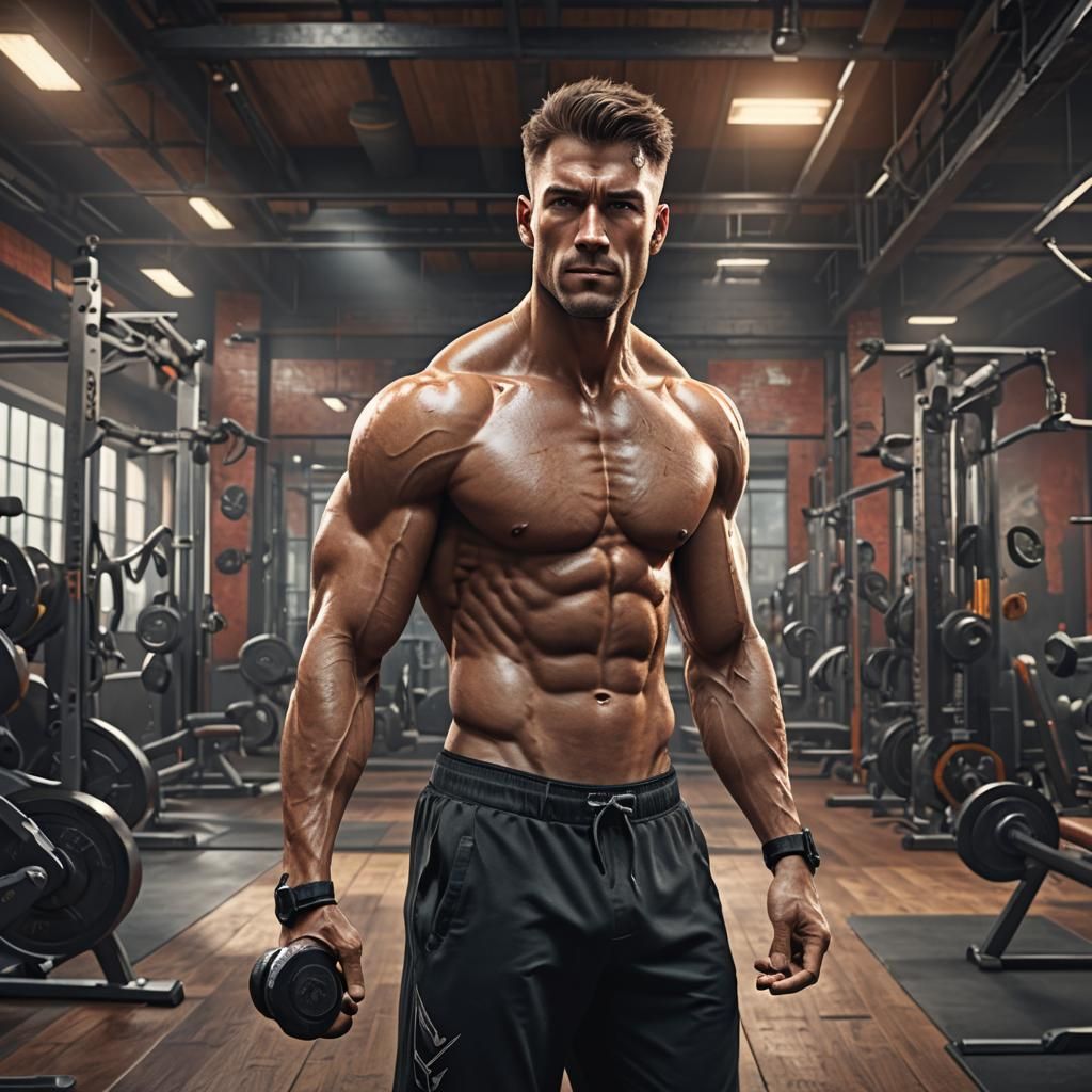 Muscular Man in Gym: Detailed Matte Painting