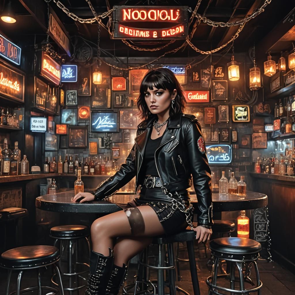 Dark-Haired Woman in Industrial Gothic Bar