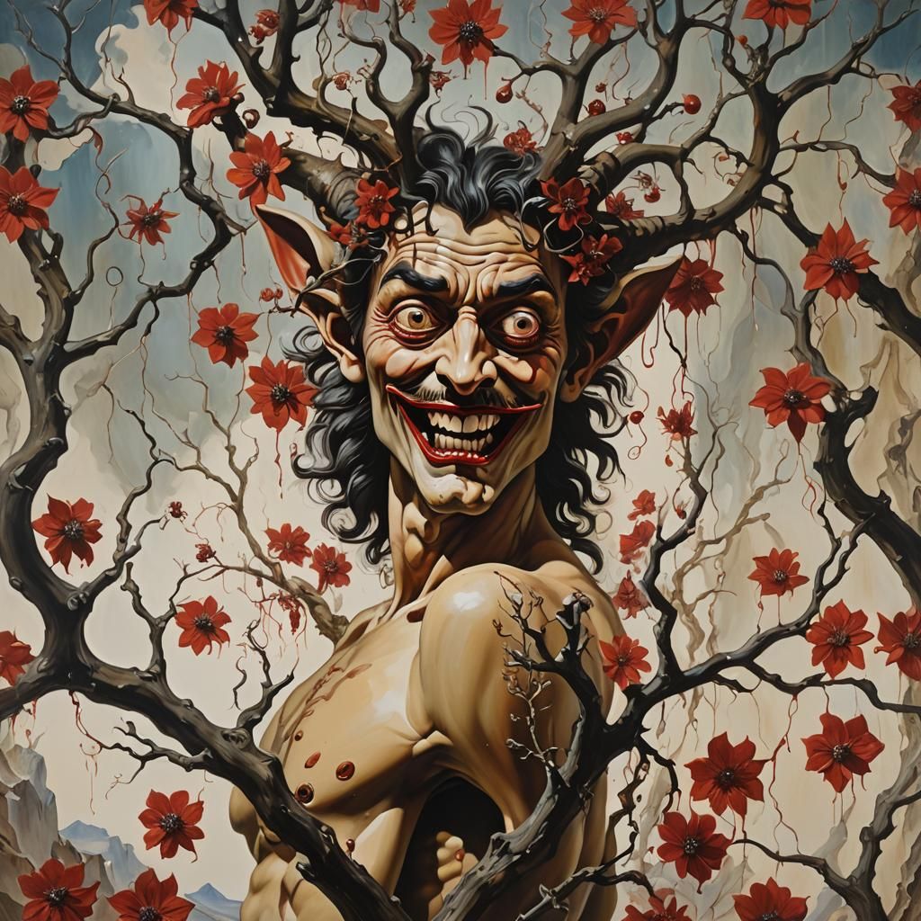 Startled Faun Biting Crimson Flowers: Surrealist Oil