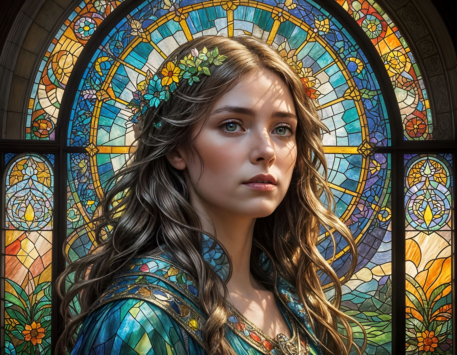 Stained-Glass Cathedral Window: Impressionistic Landscape