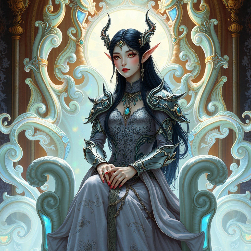 Opulent Asian Elf Princess on Gaudi Stone Throne