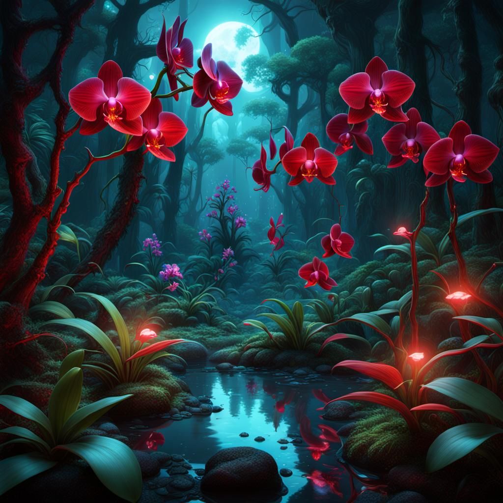 Bioluminescent Red Orchid Forest: Detailed Matte Painting