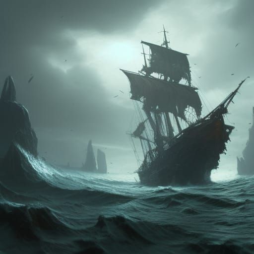 Pirate Ship vs Sea Monster in Dark Fantasy Style