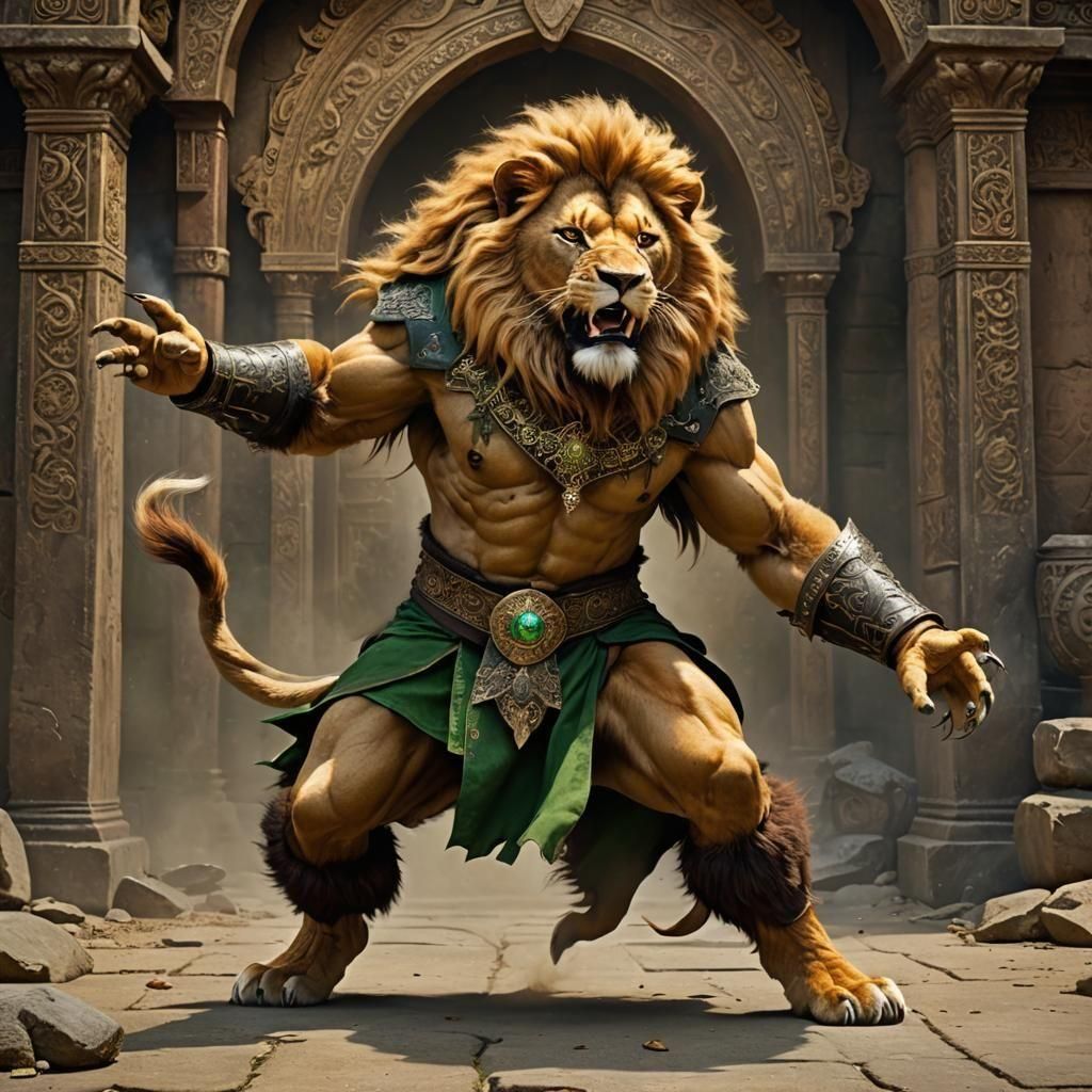 Fierce Lion Monk Attacks in Fantasy Art