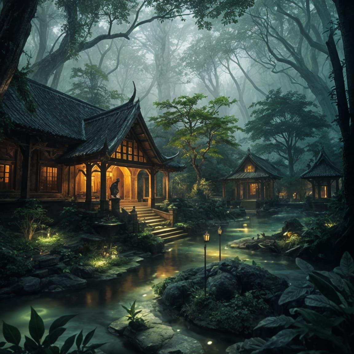 Detailed Elven City in Jungle Canopy Concept Art