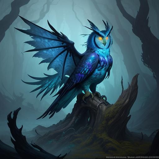 Dragon Owl Perched in Mystic Forest: Matte Painting