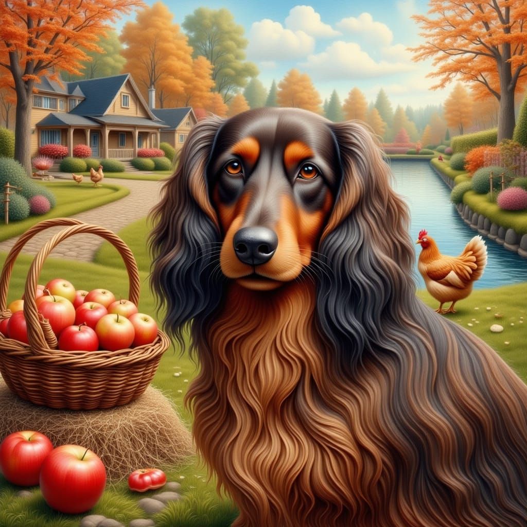 close-up of a beautiful longhaired dachshound in an autumn country scene, apples in a basket on a haystack in a...
