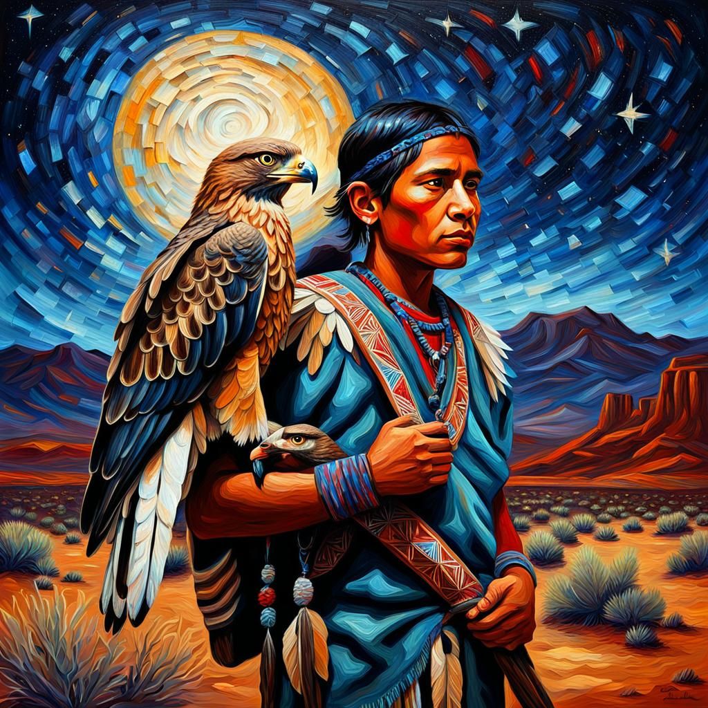 Native American Boy with Hawk, Impasto Oil Painting