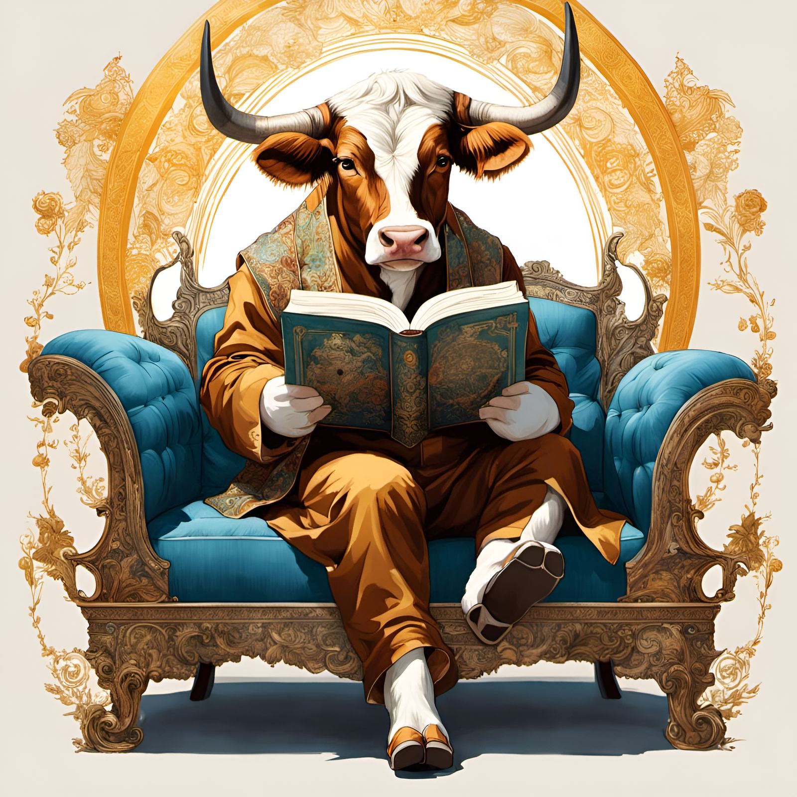 Cow Reading Book Portrait in Digital Art Style