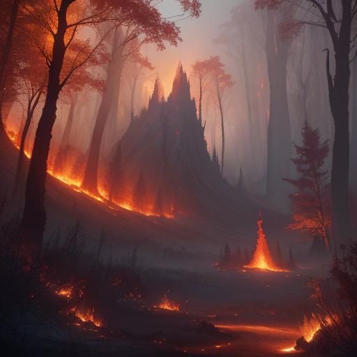 Fox in Burning Forest: Detailed Matte Painting