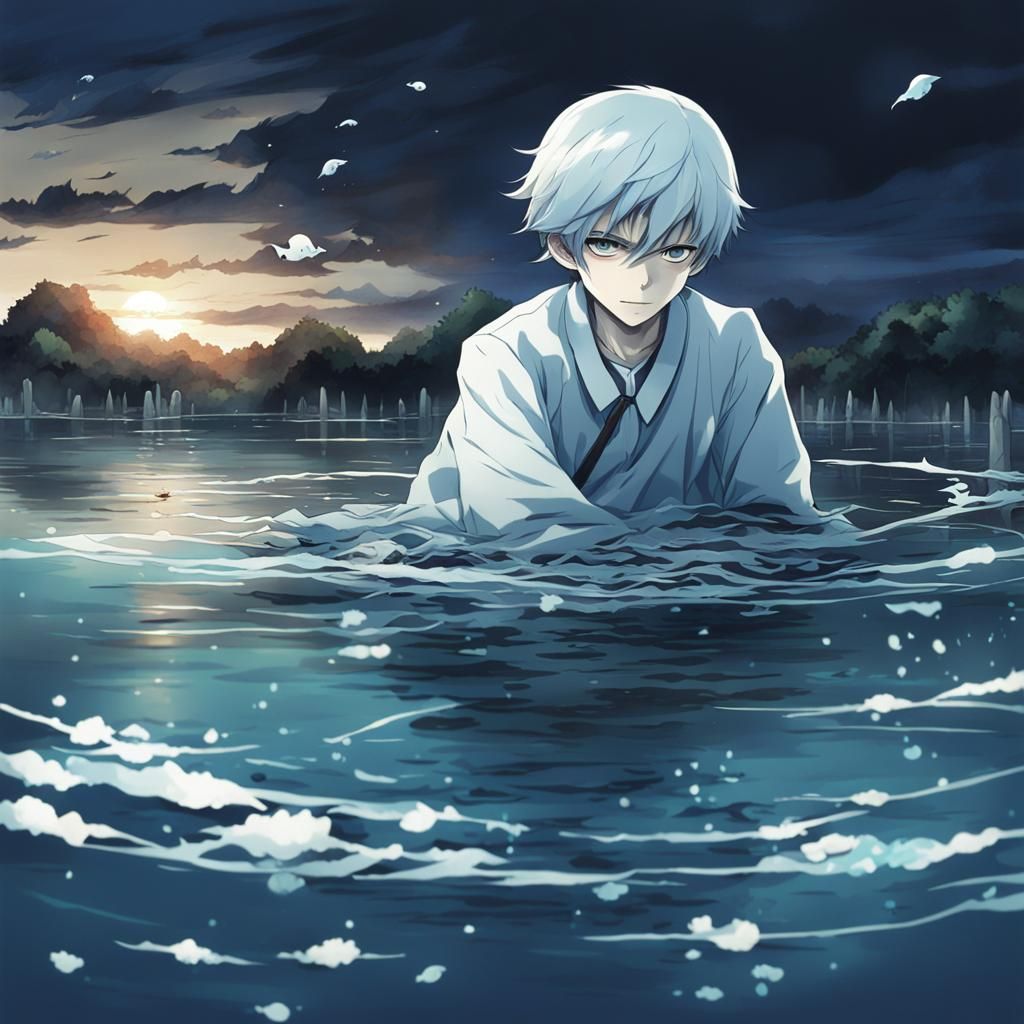 Ghost of Drowned Boy Crying Blood in Anime Style