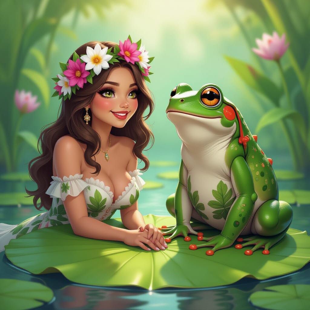 Charming Frogs in Comic Book Style on Lily Pad