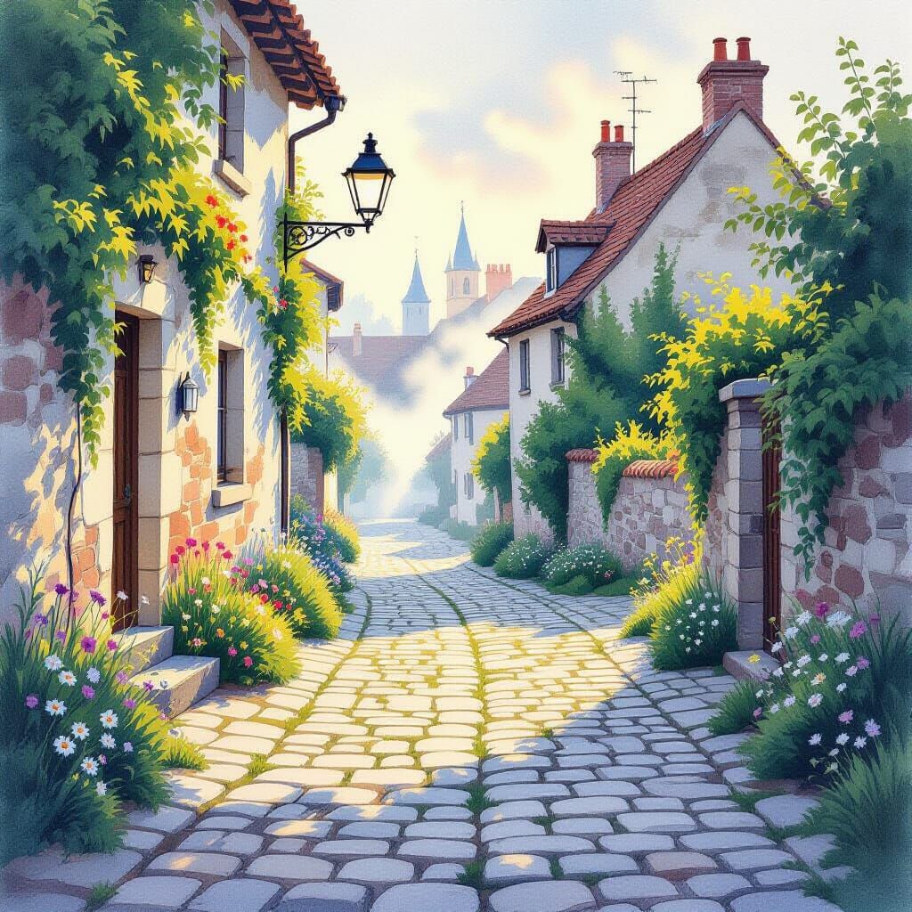Serene Watercolor Street at Dawn with Wildflowers and Mist