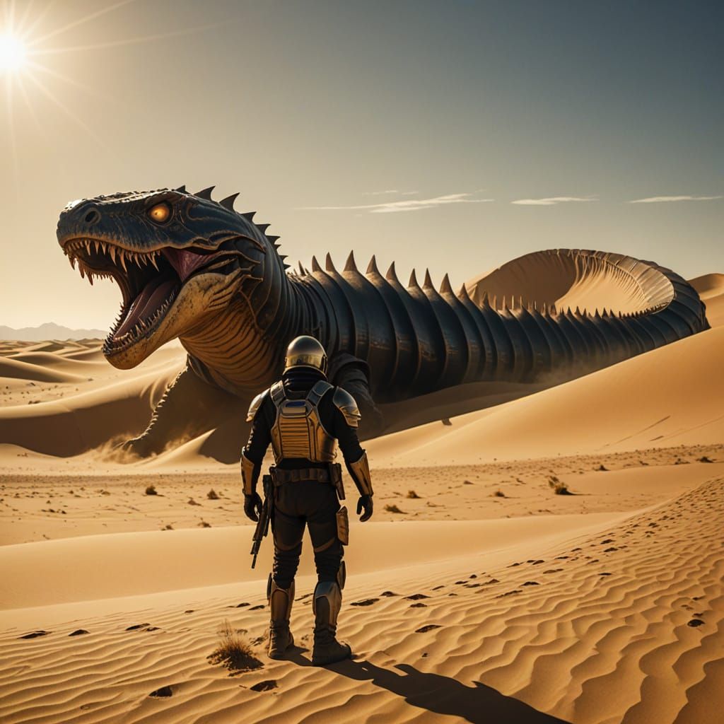 Giant Sandworm Emerges from Dune in Futuristic Desert Battle