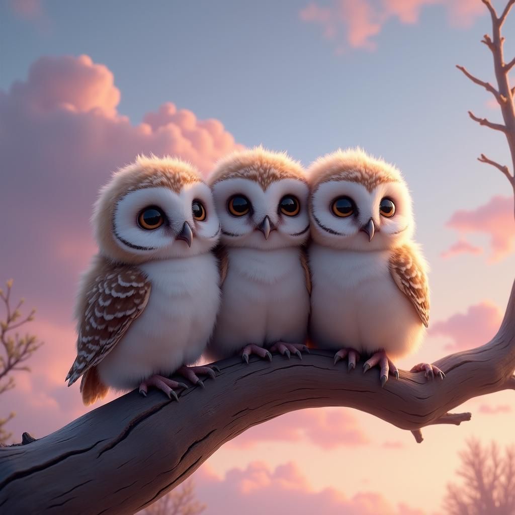 Three Baby Owls in Twilight Sky