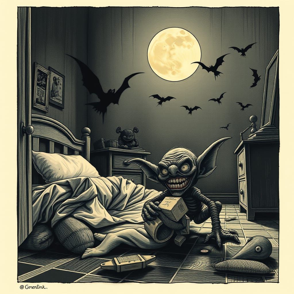 Twisted Creature in a Haunting Child's Bedroom Scene