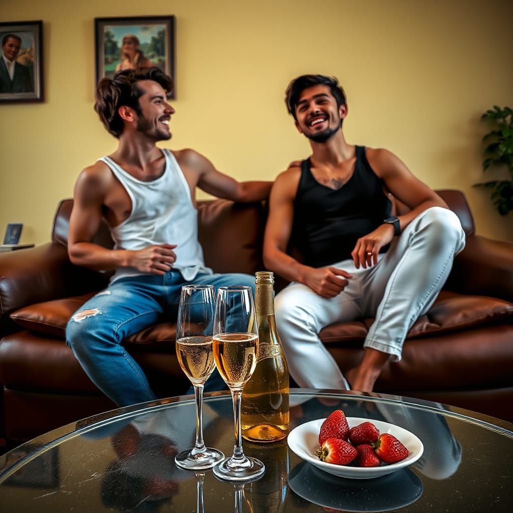 Handsome Men Share Prosecco in Elegant Living Room
