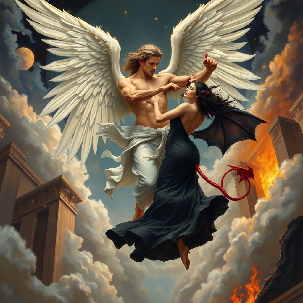 Angel and Demon Dance Amidst Gates of Heaven and Hell