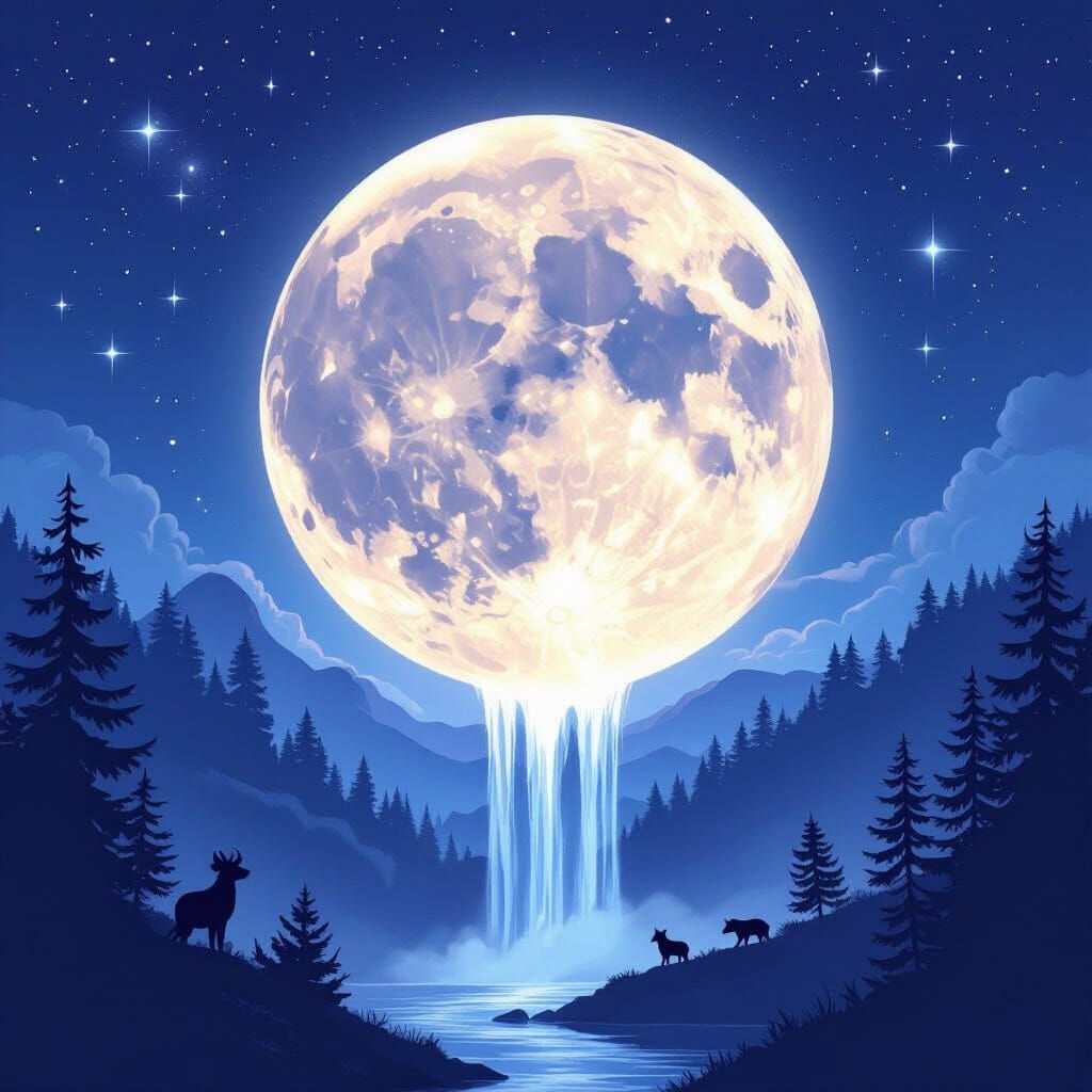 Full Moon Melting into Waterfall in Tranquil Wilderness
