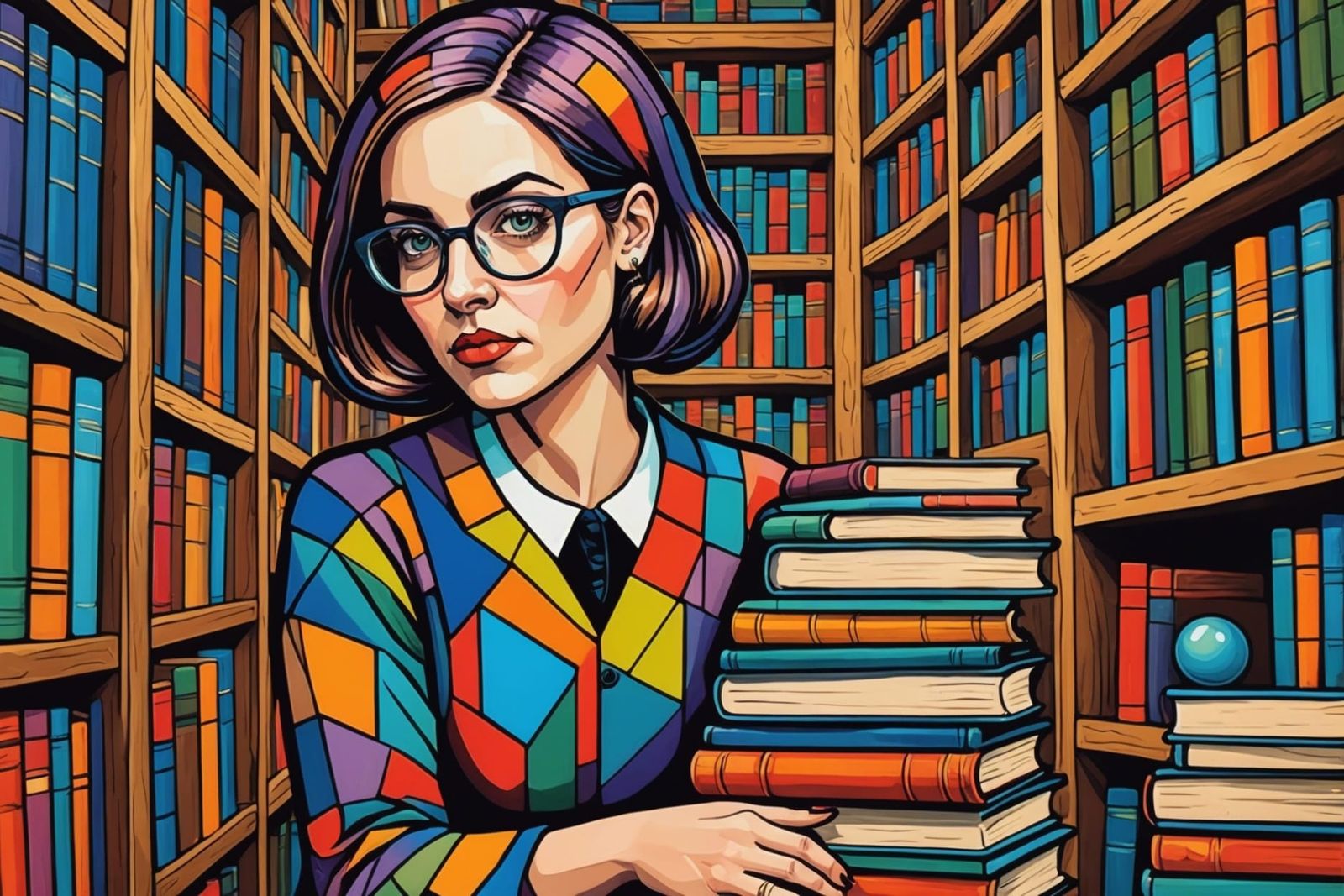 Disturbing Librarian in Art Brut, Cubist Style