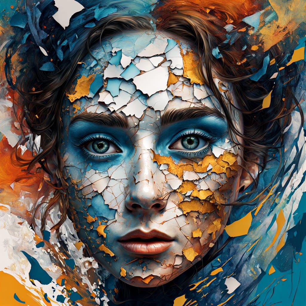 Ethereal Doll's Fragmented Face in Vortex of Contrasting Col...