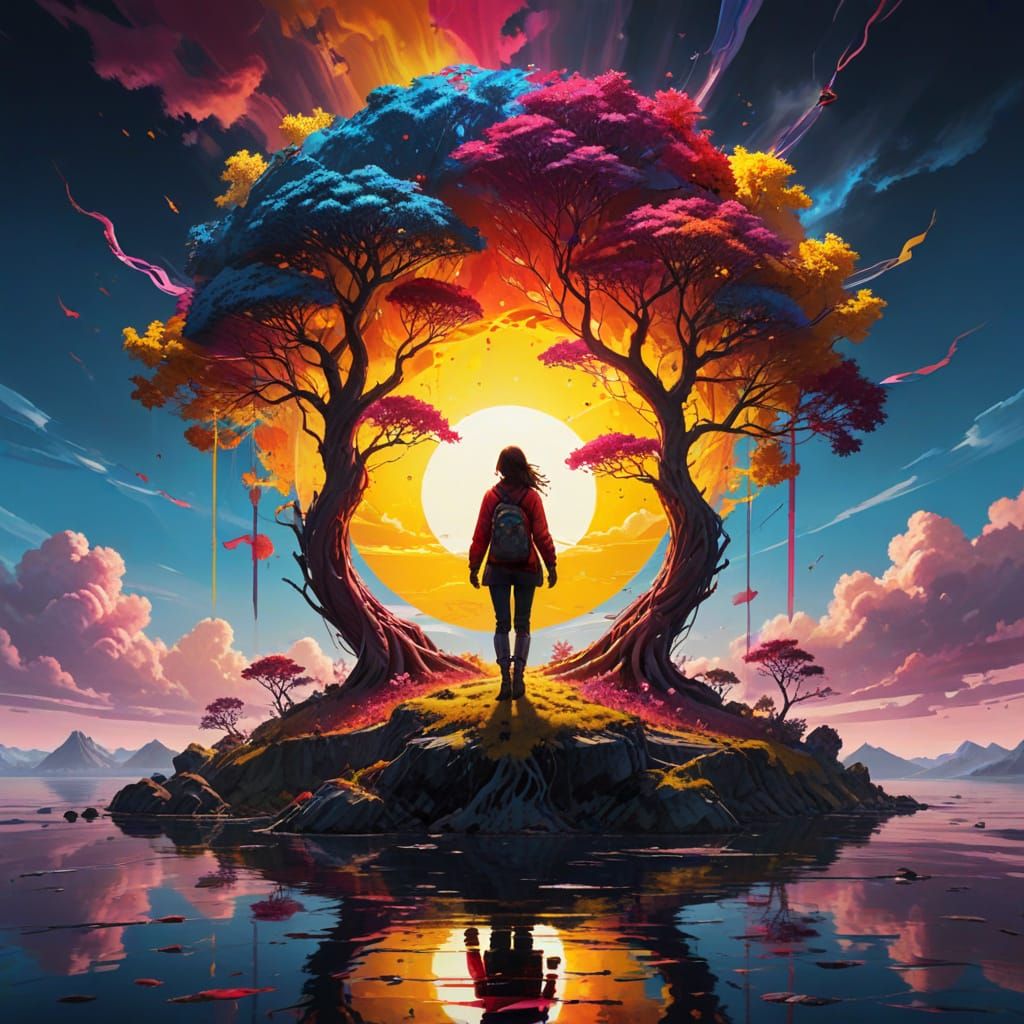 Vibrant Dreamscape with Floating Island and Radiant Sun