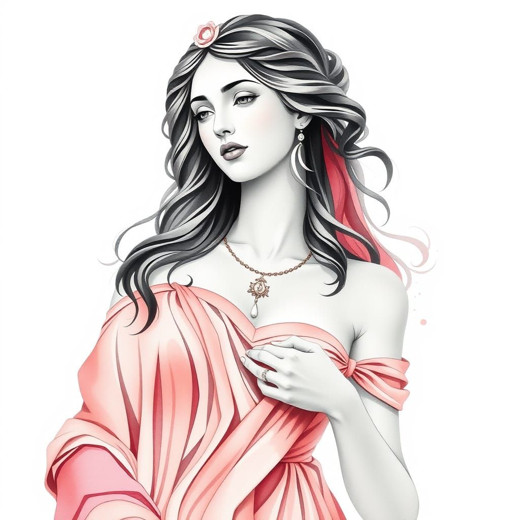 Aphrodite in Monochrome Watercolor: Botticelli-Inspired Digi...
