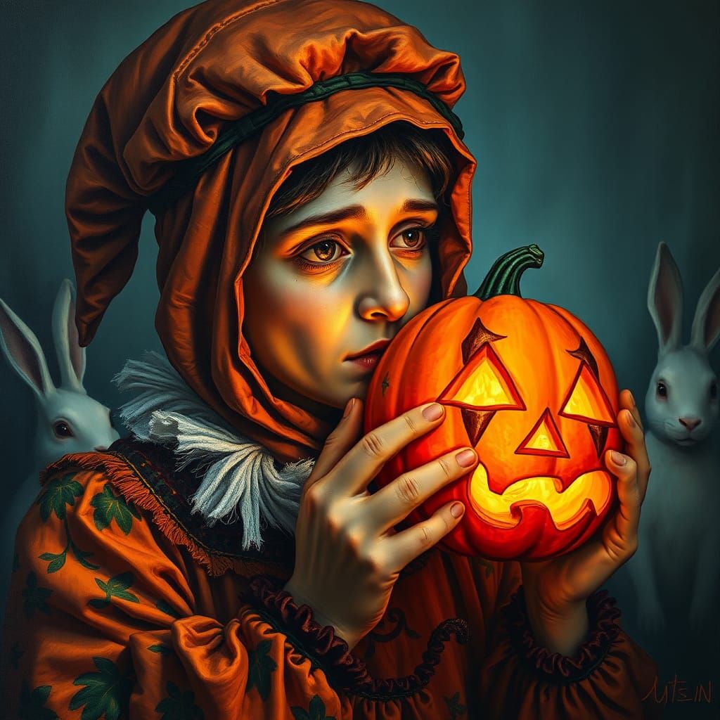 Halloween Figure Unmasks in Folk-Art Rabbit Kingdom