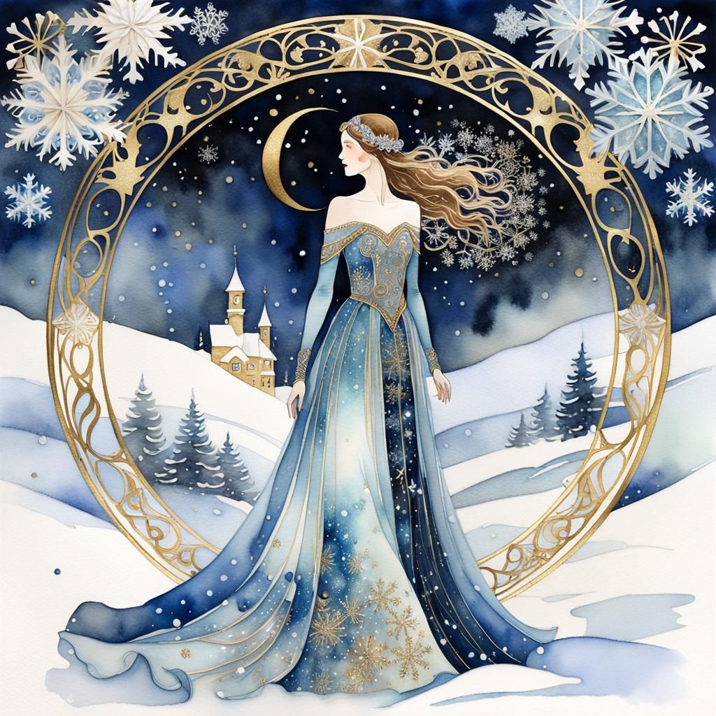 Ethereal Snowflake Goddess in Art Nouveau Wonderland