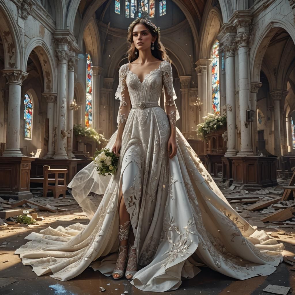 Woman in White Dress in Apocalyptic Church