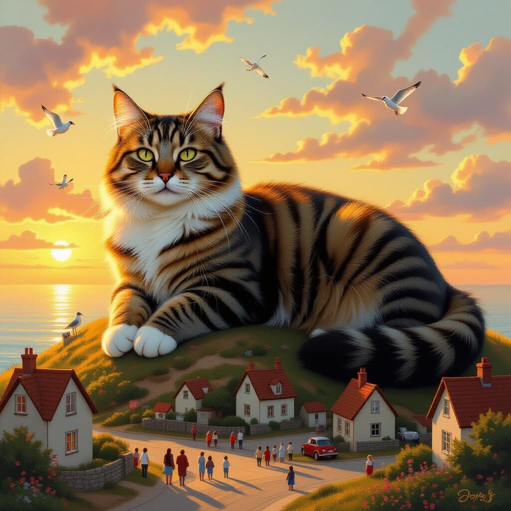 Giant Tabby Cat Overlooking Coastal Village at Sunset