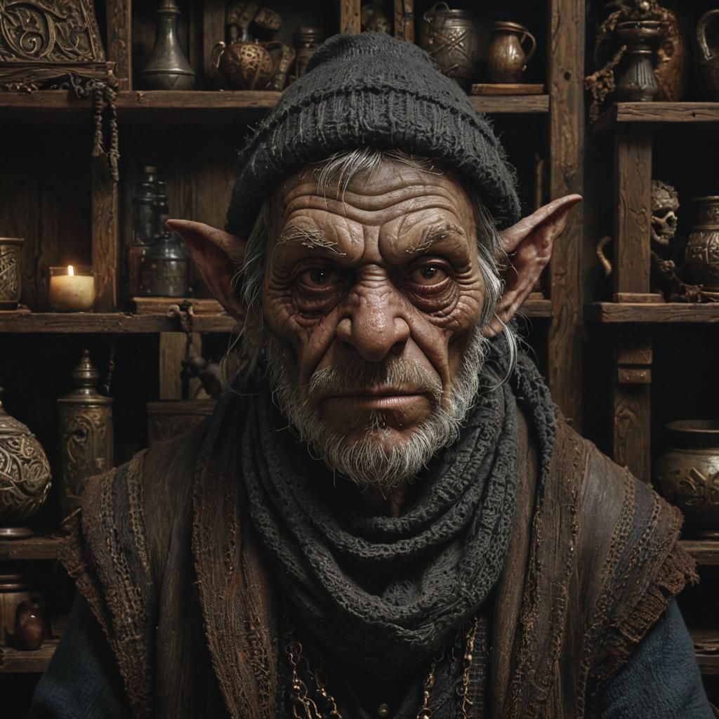 Grizzled Goblin Alchemist Portrait in Dark Fantasy Style