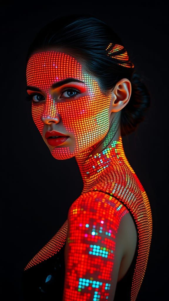 Glowing Cyberpunk Goddess with Pixelated Skin and Futuristic...