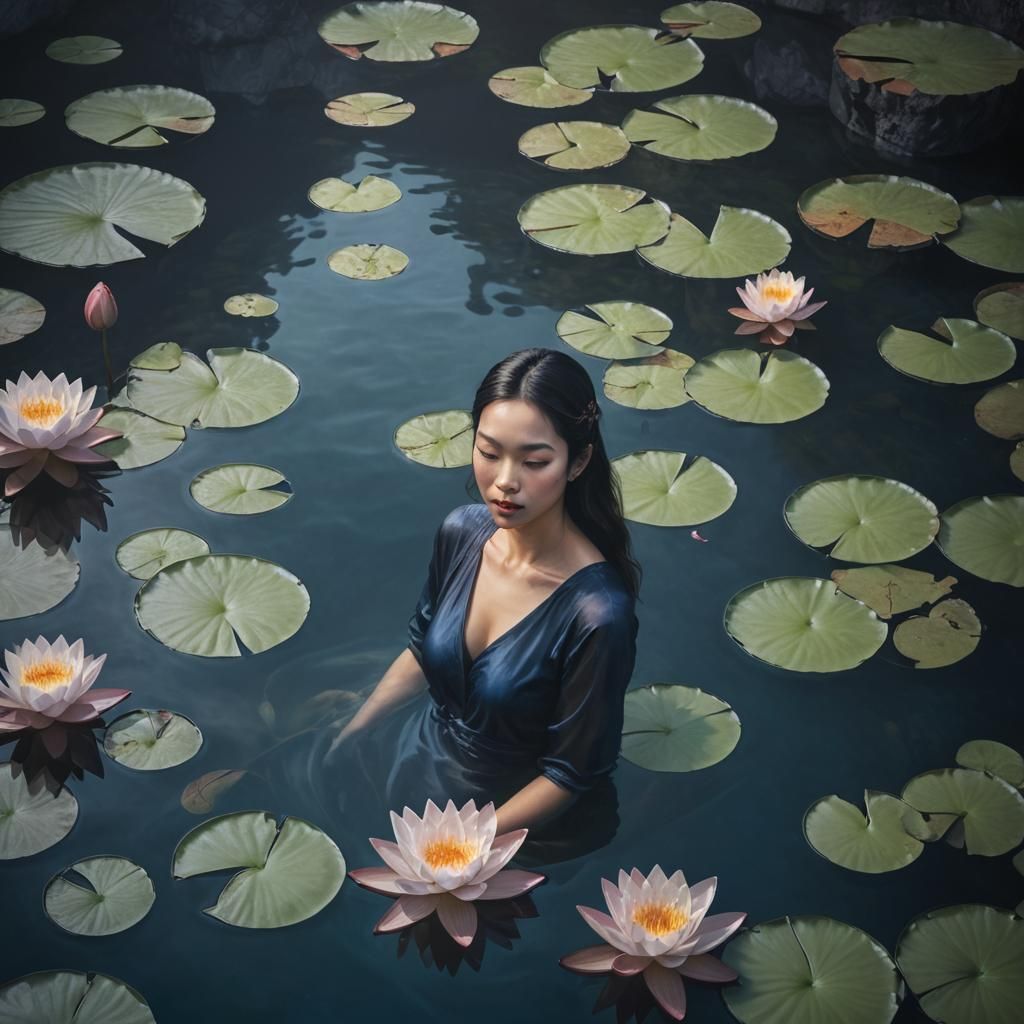 Hyper realistic photo of a woman in dark blue water, lily an...