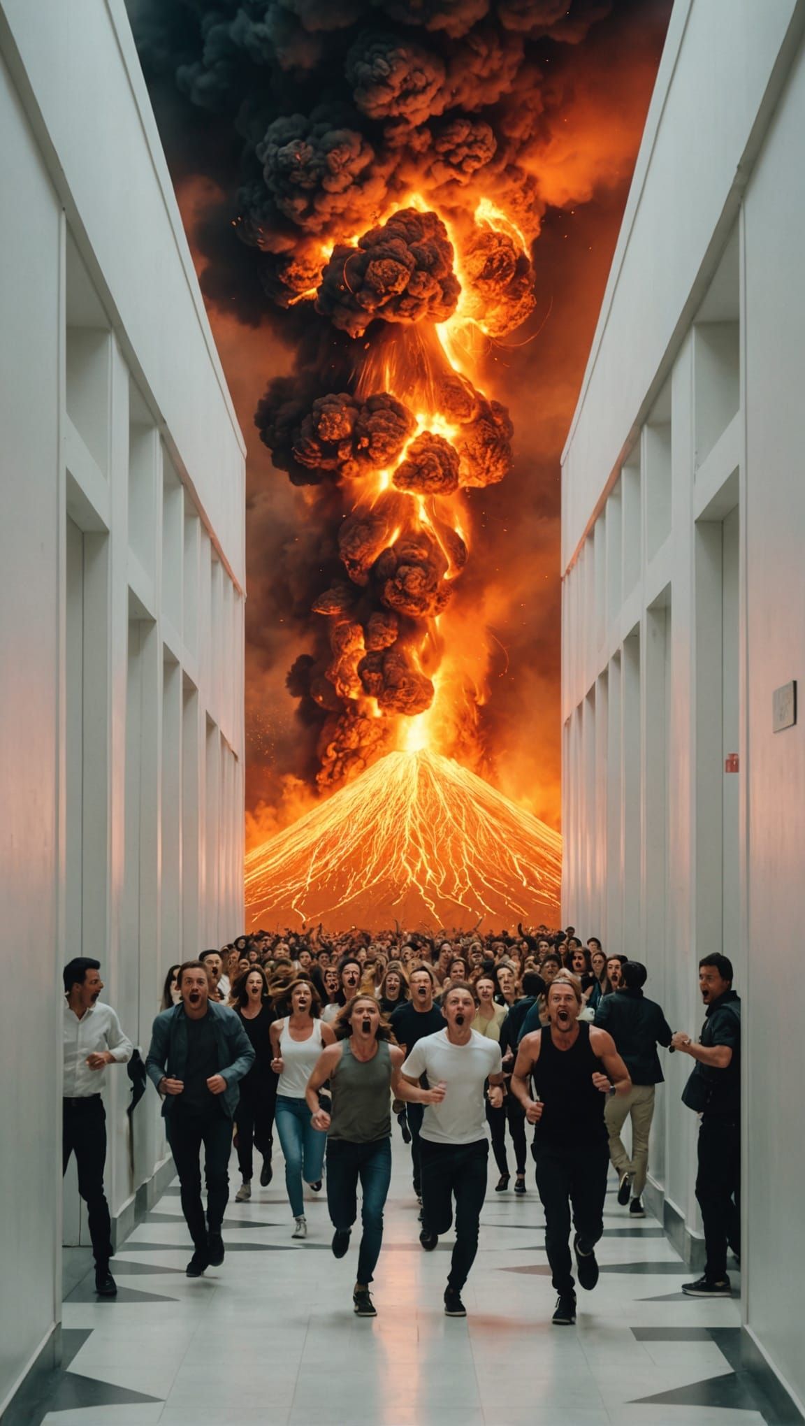 Volcanic Panic: Crazed Flight from Erupting Hallway