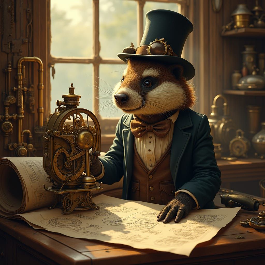 Steampunk Badger Tinkering with Clockwork Contraption